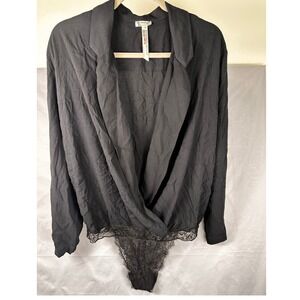 Free People Intimately "Turnt" Black Blazer Bodysuit Lace Trim V-Neck Top Medium